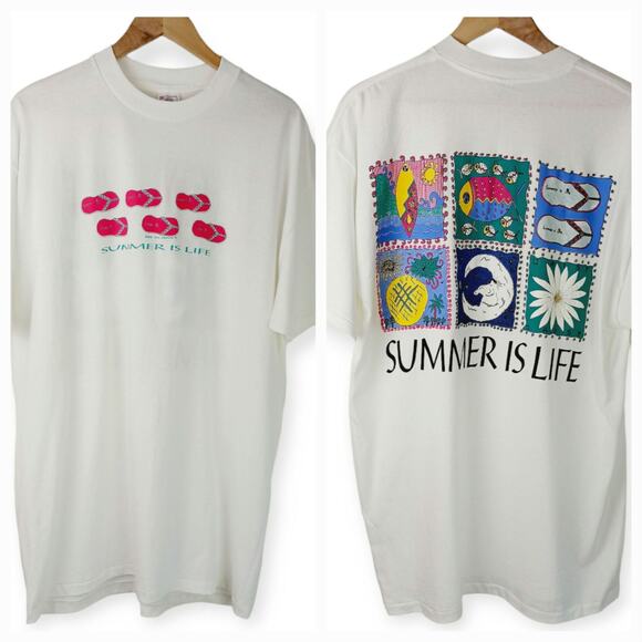 Delta Cotton SZ XL Single Stitch Summer Is Life Front/Back Graphic Tee Made USA - Picture 1 of 10